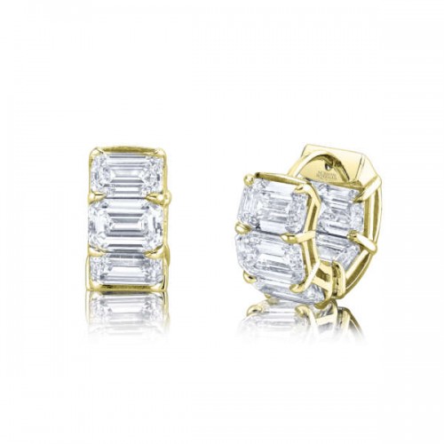 18K Emerald Cut Diamond Huggie Hoop Earrings